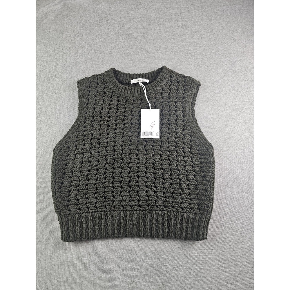 Frame Tape Yarn Sweater Vest Womens Medium Green Sleeveless Crochet Knit New